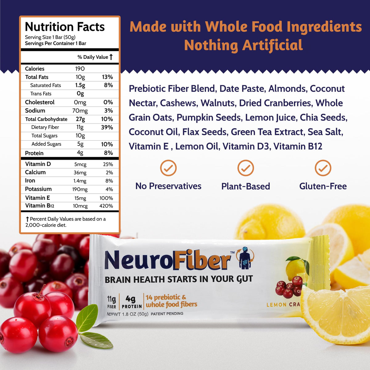 NeuroFiber Prebiotic High Fiber Bars - Gut Health, Bowel Regularity & Brain Function Support - Plant-Based, Gluten Free, Vegan (Lemon Cranberry)