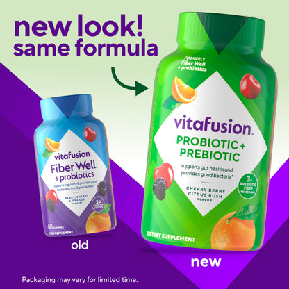 Vitafusion Fiber Well Probiotic Gummies - 3g Fiber - 60 Adult Gummy Vitamins for Women & Men - Plus Prebiotics - Assorted Fruit Flavors - Gluten and Dairy-Free Supplement