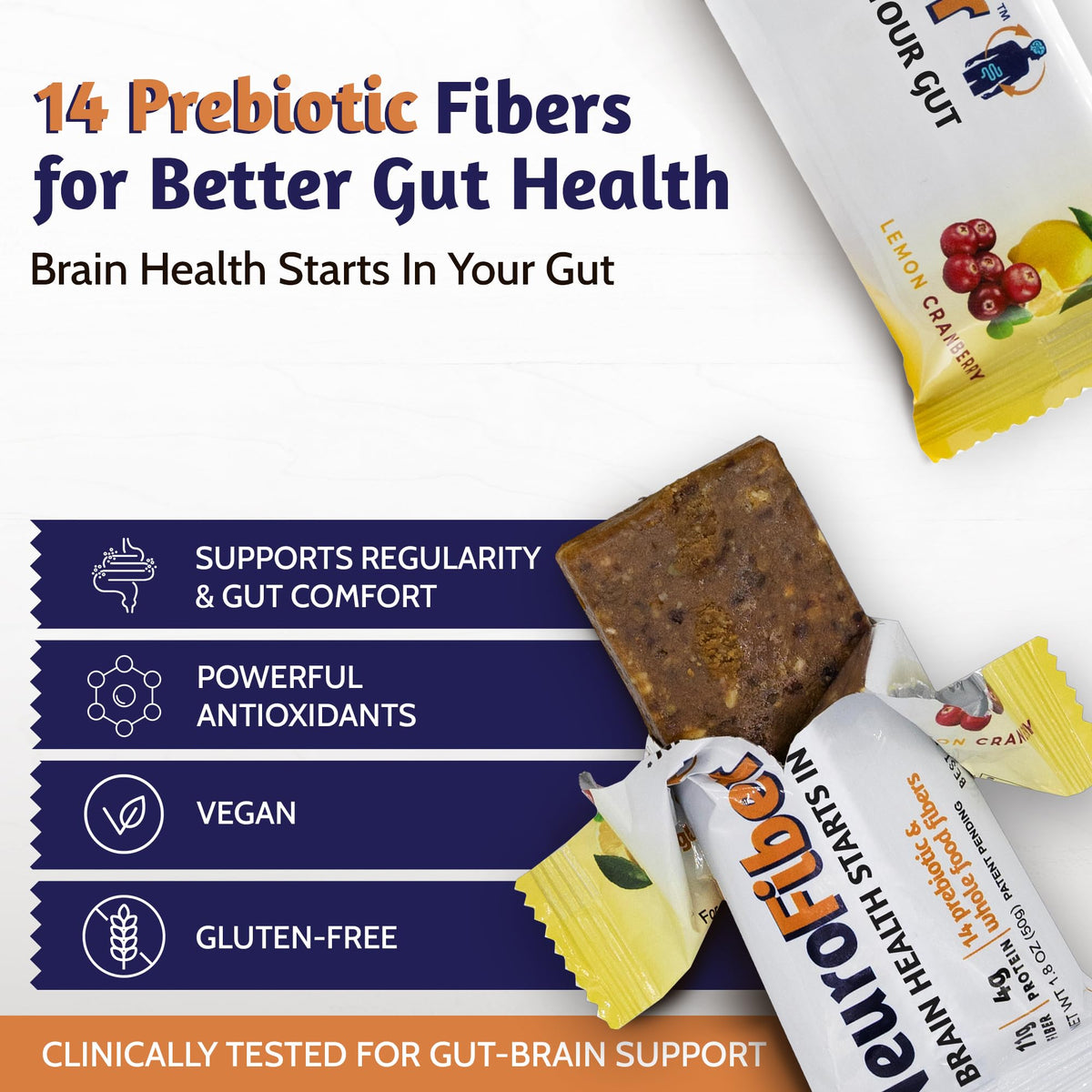 NeuroFiber Prebiotic High Fiber Bars - Gut Health, Bowel Regularity & Brain Function Support - Plant-Based, Gluten Free, Vegan (Lemon Cranberry)