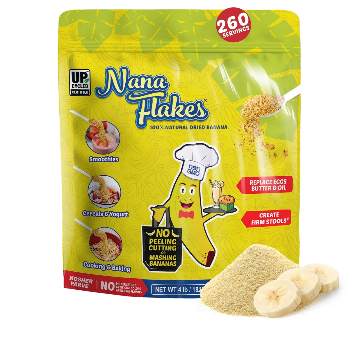 Nutritional Designs Nana Flakes 100% Natural Banana Powder, Digestive Support - Source of Potassium & Fiber - Substitute for Eggs, Butter, or Oil in Baking (2LB Bag)