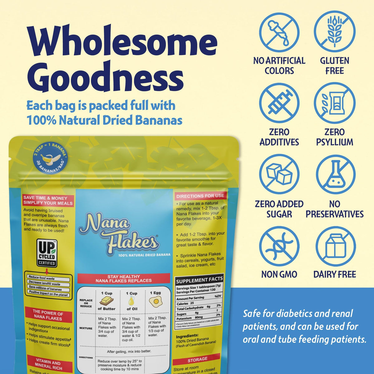 Nutritional Designs Nana Flakes 100% Natural Banana Powder, Digestive Support - Source of Potassium & Fiber - Substitute for Eggs, Butter, or Oil in Baking (2LB Bag)