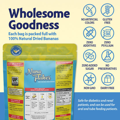 Nutritional Designs Nana Flakes 100% Natural Banana Powder, Digestive Support - Source of Potassium & Fiber - Substitute for Eggs, Butter, or Oil in Baking (2LB Bag)