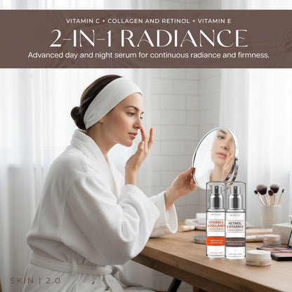 Skin 2.0 Retinol & Vitamin E + Collagen & Vitamin C Serum For Face - Dermatologist Tested, Anti Aging, Korean Skin Care - Smooths Lines, Firms, Hydrates, Revitalizes - Vegan, Clean Beauty - Pack of 2