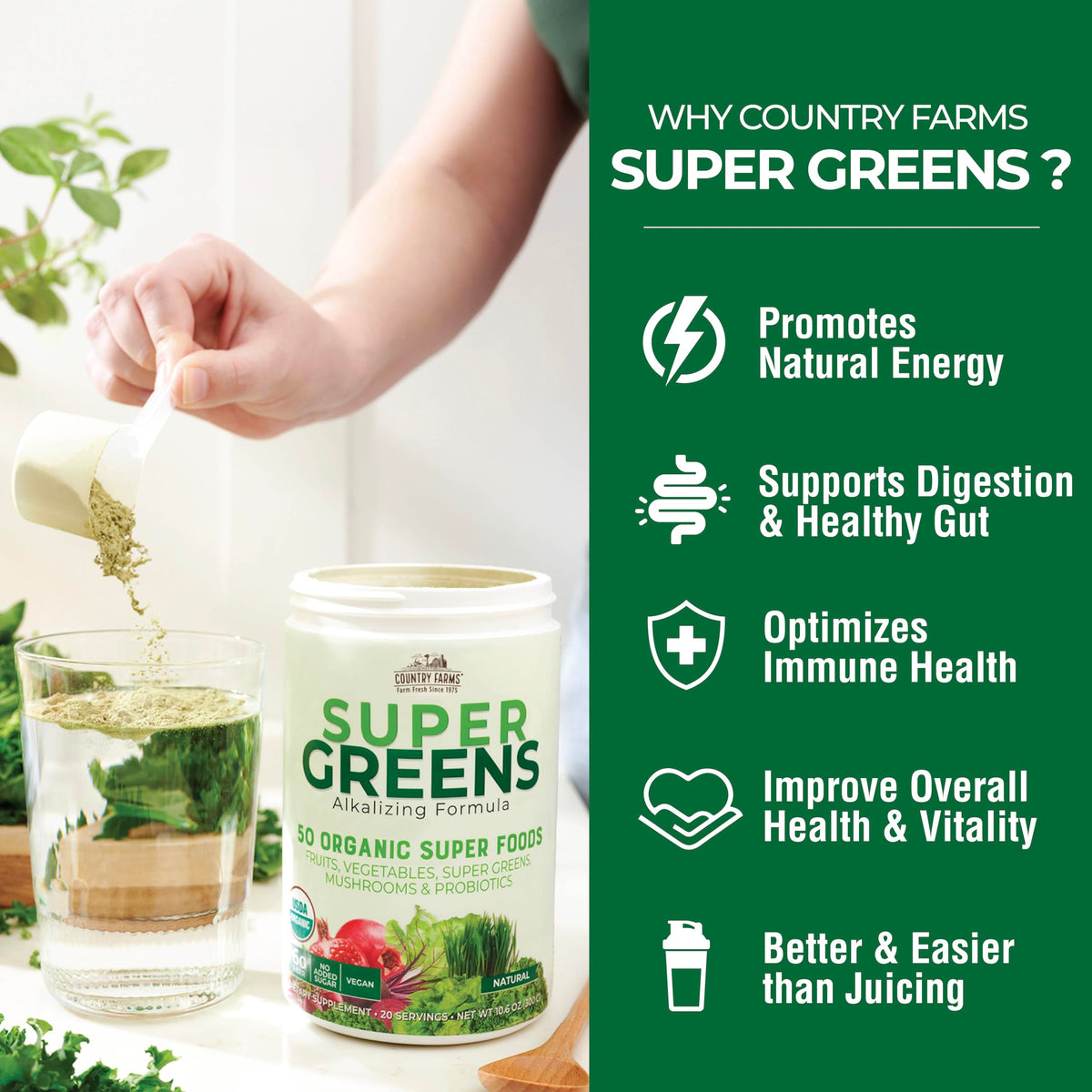 Country Farms Super Greens Natural Flavor, 50 Organic Super Foods, USDA Organic Drink Mix, Fruits, Vegetables, Super Greens, with Fiber, Mushrooms & Probiotics, Supports Energy, 60 Servings, 900g