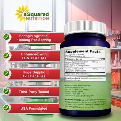 Fadogia Agrestis 1000mg & Tongkat Ali 400mg Capsules - Men's Testosterone Support Supplement - aSquared Nutrition 120 Capsules