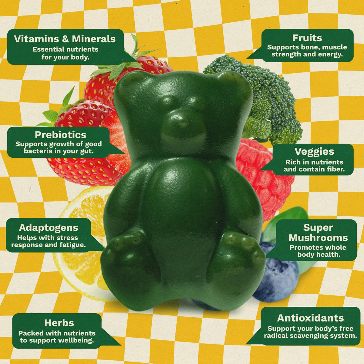 Gruns Multivitamin for Kids, Sugar-Free, Super Greens Superfood Gummy Bears with 20 Vitamins & Minerals, Alfalfa, Spirulina, Chlorella, Prebiotics Fiber for Digestive Health, Adaptogens, 28 ct