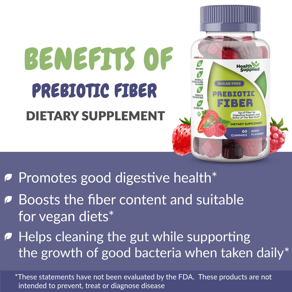 Mixed Berry Flavored Prebiotic Fiber Gummies - Supports Digestive System Through Gut Cleansing and Constipation Relief - Assists with Weight Loss Plan - Great Tasting and Easy to Swallow