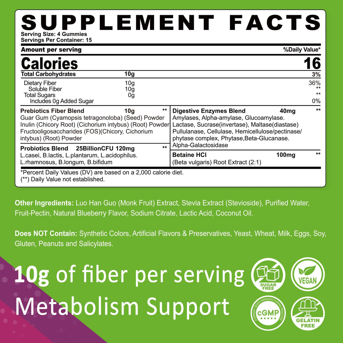 Fiber Gummies for Adults, GLP-1 Friendly 10g Prebiotic Fiber Supplement w/ Digestive Enzymes, Probiotics & 100mg Betaine for Digestive & Gut Health and Regulate Bowel Movement, Vegan, Sugar Free,60ct