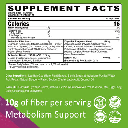 Fiber Gummies for Adults, GLP-1 Friendly 10g Prebiotic Fiber Supplement w/ Digestive Enzymes, Probiotics & 100mg Betaine for Digestive & Gut Health and Regulate Bowel Movement, Vegan, Sugar Free,60ct