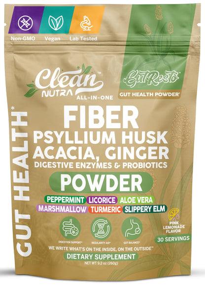 GutResto Fiber Supplement Psyllium Husk Powder Probiotic Gut Health Digestive Enzymes Prebiotic L-Glutamine Slippery Elm Aloe Vera Marshmallow Root Turmeric Ginger Peppermint by Clean Nutra 30 Svgs