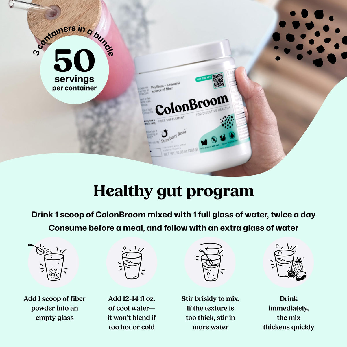 ColonBroom Psyllium Husk Powders (Strawberry, 150 Servings) - Colon Cleanse for Bloating Relief & Gut Health - Colon Broom Fiber Powder Drink - Vegan, Gluten Free, Non-GMO Fiber Powder Supplement