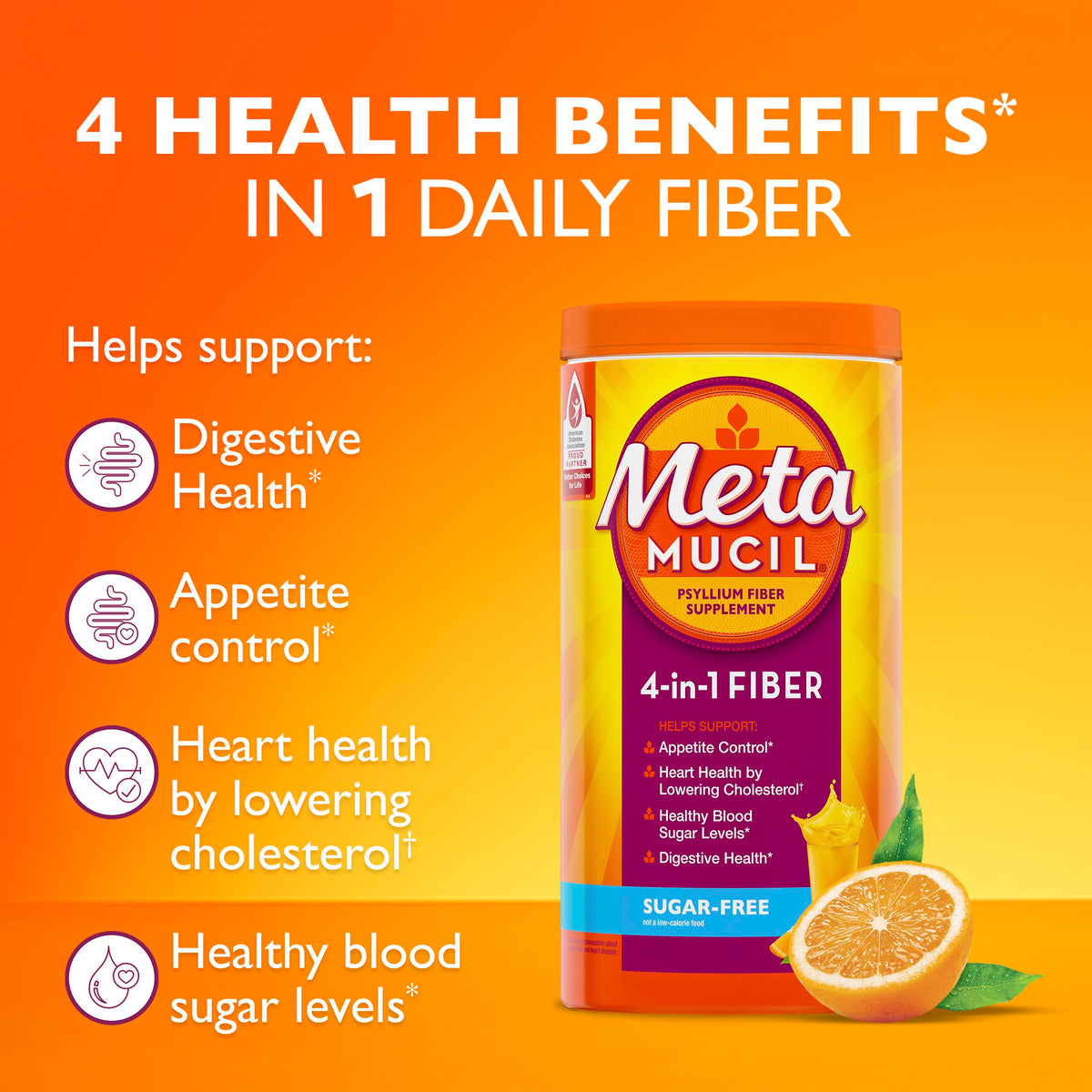 Metamucil 4-in-1 Psyllium Husk GLP-1 Friendly Fiber Supplement, Sugar-Free, 72 teaspoons, Orange Flavored, Daily Fiber Powder for Digestive Health, made with Plant-Based Psyllium Husk Fiber
