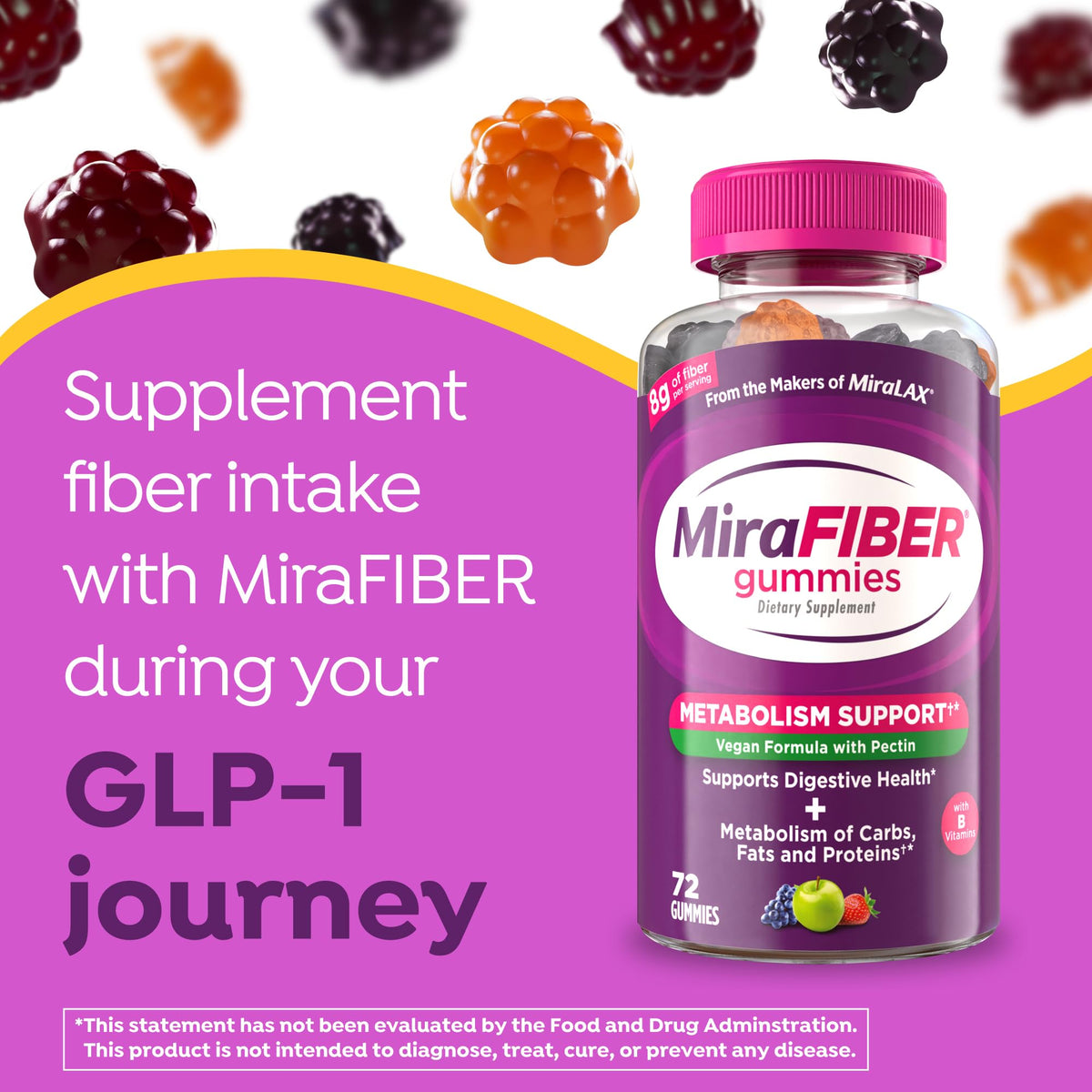 MiraFIBER Gummies, from The Makers of MiraLAX, 8g Per Serving, with B Vitamins, Metabolism Support, Gut Health for Men & Women, Prebiotic Fiber Gummies for Adults, Mixed Fruit Flavor 72Ct