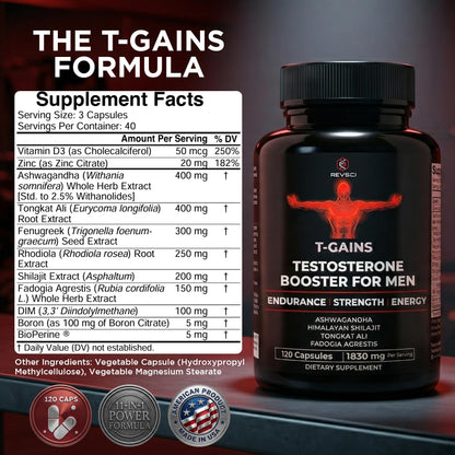 Testosterone Booster for Men - Muscle Growth, Strength, Energy & Endurance Support with Estrogen Control - T-GAINS (120 Capsules)