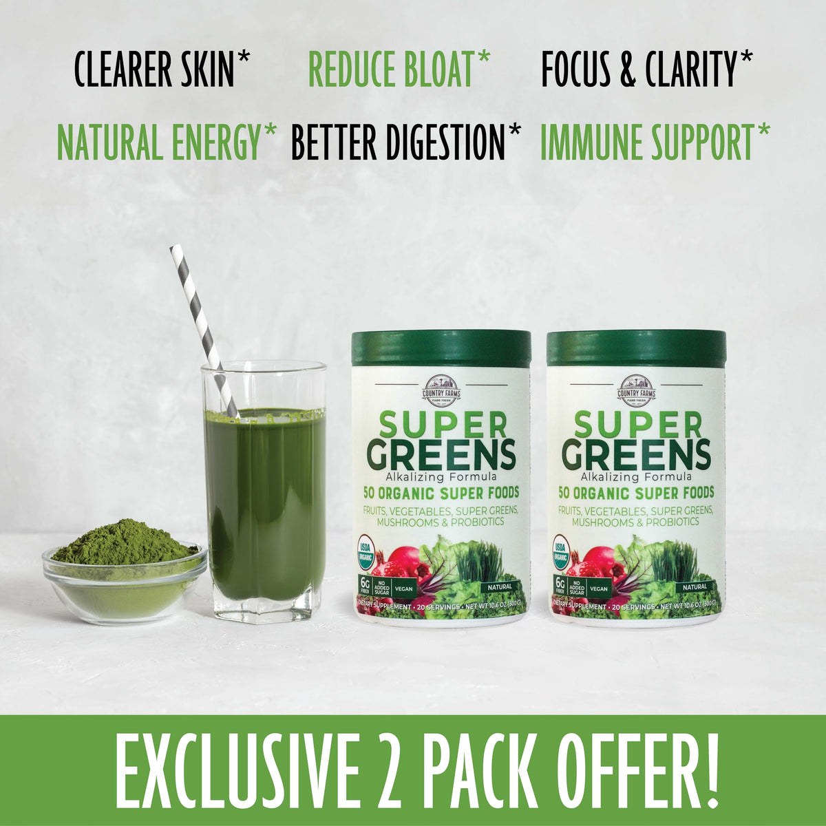 Country Farms Super Greens Natural Flavor, 50 Organic Super Foods, USDA Organic Drink Mix, Fruits, Vegetables, Super Greens, Mushrooms & Probiotics, Supports Energy, 40 Servings, 10.6 Oz, 2 Pack
