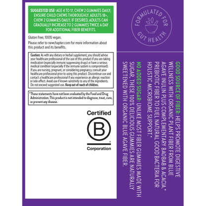 New Chapter Organic Fiber Gummies for Adults & Kids (Age 4+), Plant-Based Prebiotic Fiber for Digestive Health, Vegan, Non-GMO, USDA Organic, Gluten Free, Citrus-Berry Flavored, 60 ct, (Pack of 2)