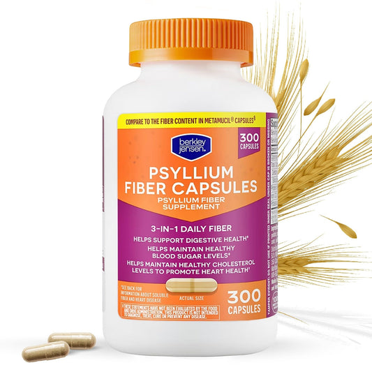 Berkley Jensen Daily Psyllium Husk Supplement, Natural Fiber for Men & Women - Fiber Capsules for Digestive Health, Easing Constipation, Aiding Nutrient Absorption, Made in USA, 300 Count (Pack of 1)