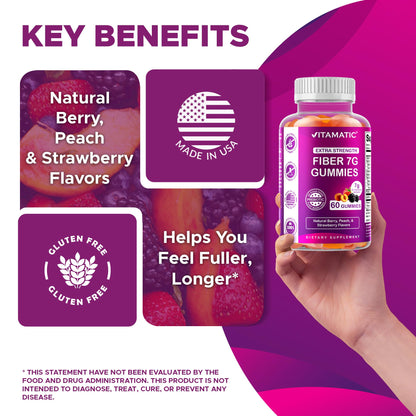 Vitamatic Prebiotic Fiber Gummies for Adults - 2 Pack (Total 120 Gummies) 7g Fiber per Serving - Extra Strength - Zero Sugar Added - Pectin-Based - Digestive Health & Regularity Support