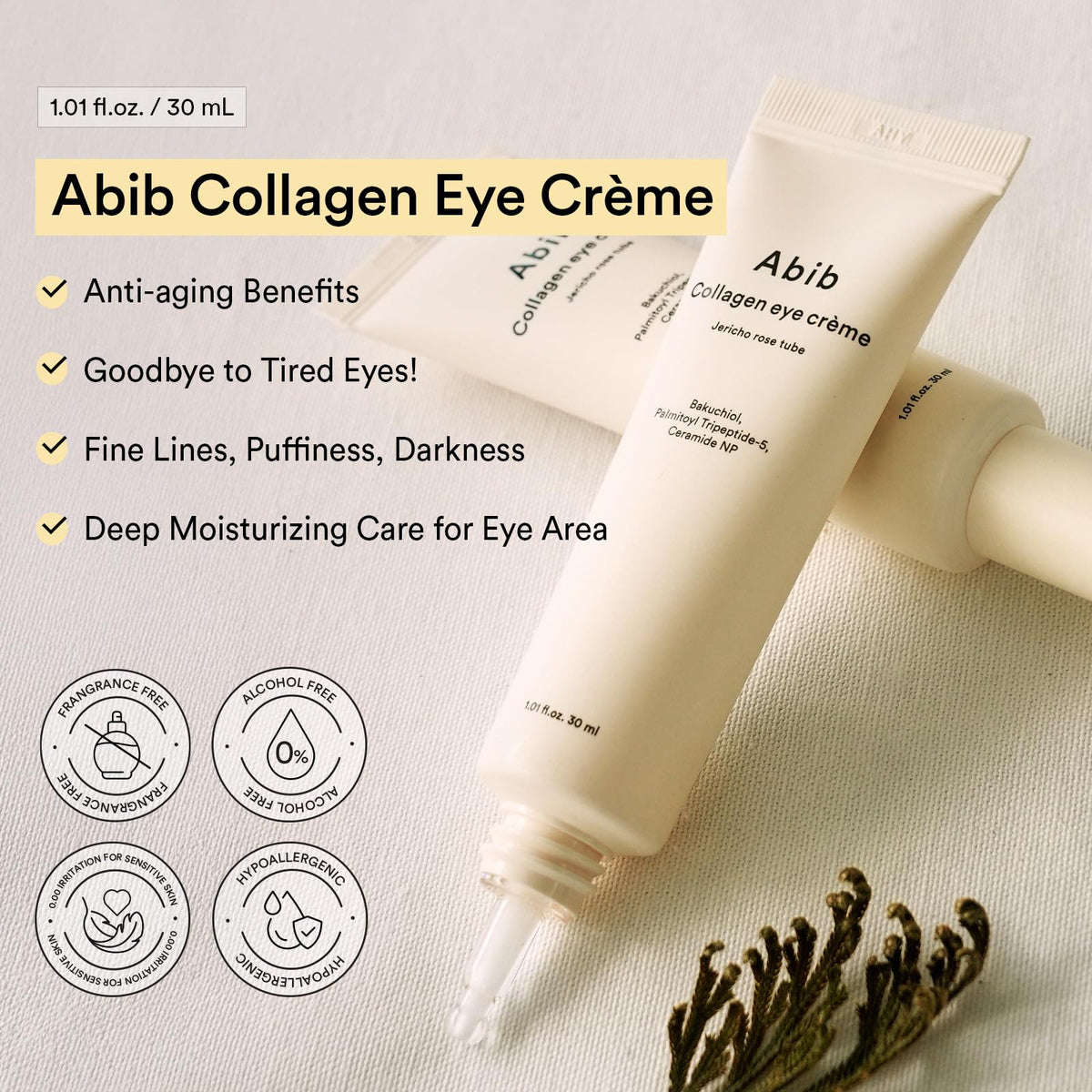 Abib Collagen Eye Cream Jericho Rose Tube for Dark Circles and Puffiness, Under Eye Fine Lines