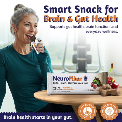 NeuroFiber Prebiotic High Fiber Bars - Gut Health, Bowel Regularity & Brain Function Support - Plant-Based, Gluten Free, Vegan (Dark Chocolate Cherry)