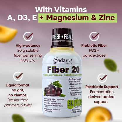 GADAVYT Fiber 20 - High Fiber Supplement for Women & Men, 20g Liquid Soluble Fiber/Serving, Prebiotic & Postbiotic Complex + Vitamins A, D3, E & Magnesium, Gut Health, Digestive Health, 16 fl oz