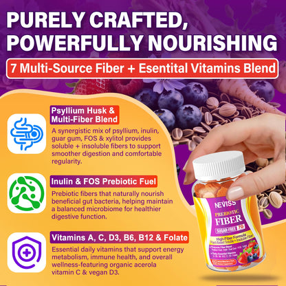 Fiber Gummies 7G for Adults with Psyllium Husk, For GLP-1 Users Daily Prebiotic Fiber - Inulin, FOS, Guar Gum, Methyl B12,Folate,B6 for Gut & Digestive Health, Regularity Support, Sugar Free, 1 Pack