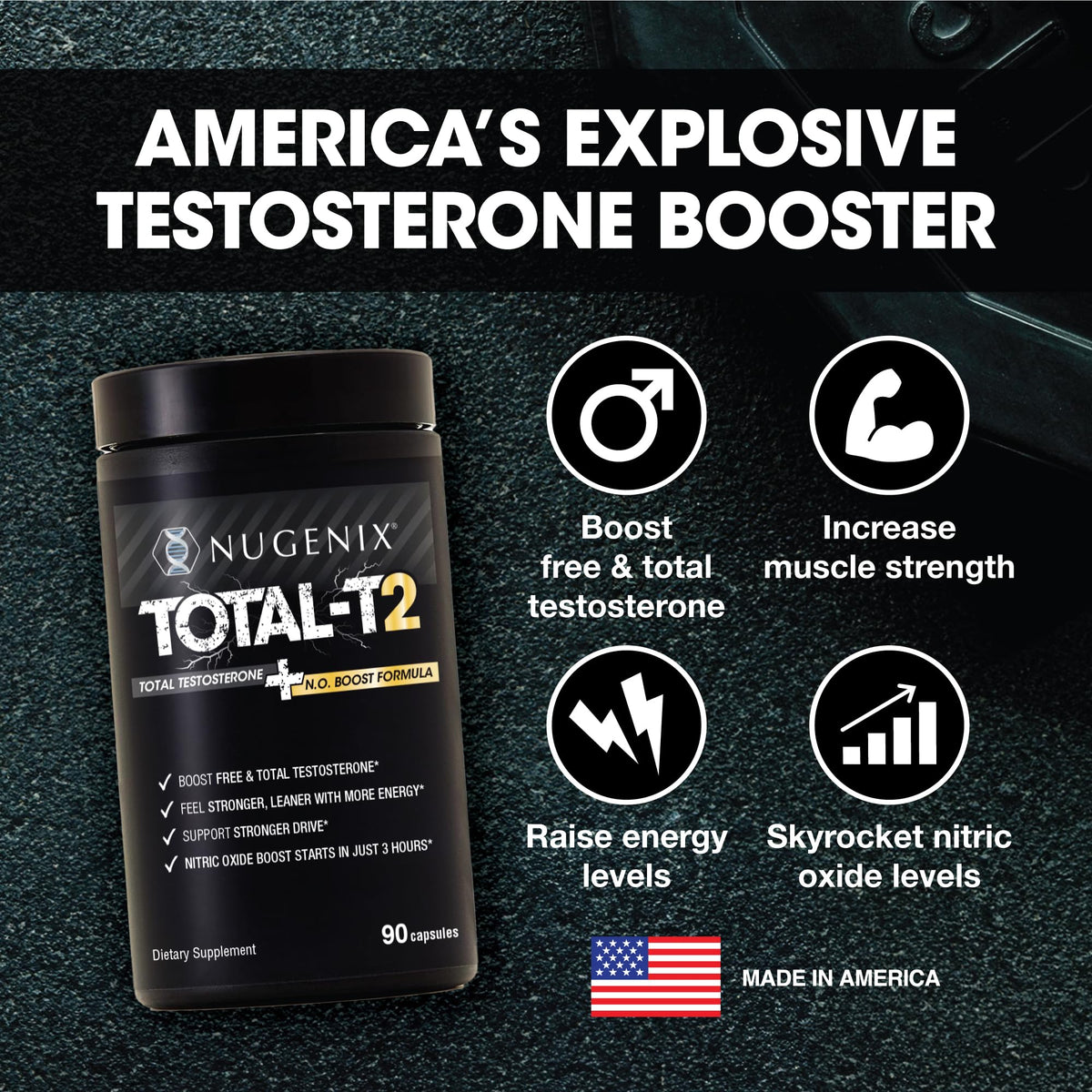 Nugenix Total-T2 Testosterone & Nitric Oxide Booster for Men - with Tesnor, S7, ElevATP, Tongkat Ali & Citrulline - Energy & Performance Support (90 Count)