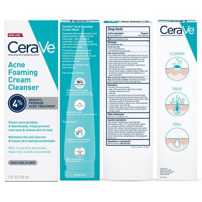 CeraVe Acne Foaming Cream Cleanser, 4% Benzoyl Peroxide Face Wash With Hyaluronic Acid, Niacinamide & Ceramides, Gentle Daily Acne Treatment For Face