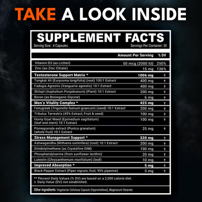 IRONCLAD NUTRITION Advanced Testosterone Supplement for Men - 15-in-1 Natural Complex with Tongkat Ali, Ashwagandha & Shilajit - Energy, Vitality & Strength (120 Capsules)