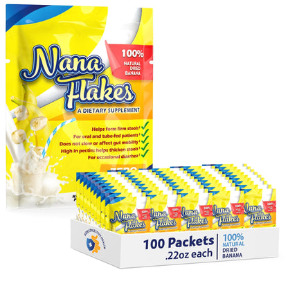 Nana Flakes 100% Pure Banana Flakes Medical Food Powder - Decrease Fat Intake & Natural Remedy for Diarrhea & Heart Burn - Great Source of Protein& Fiber (100 Single-Serve Packs)