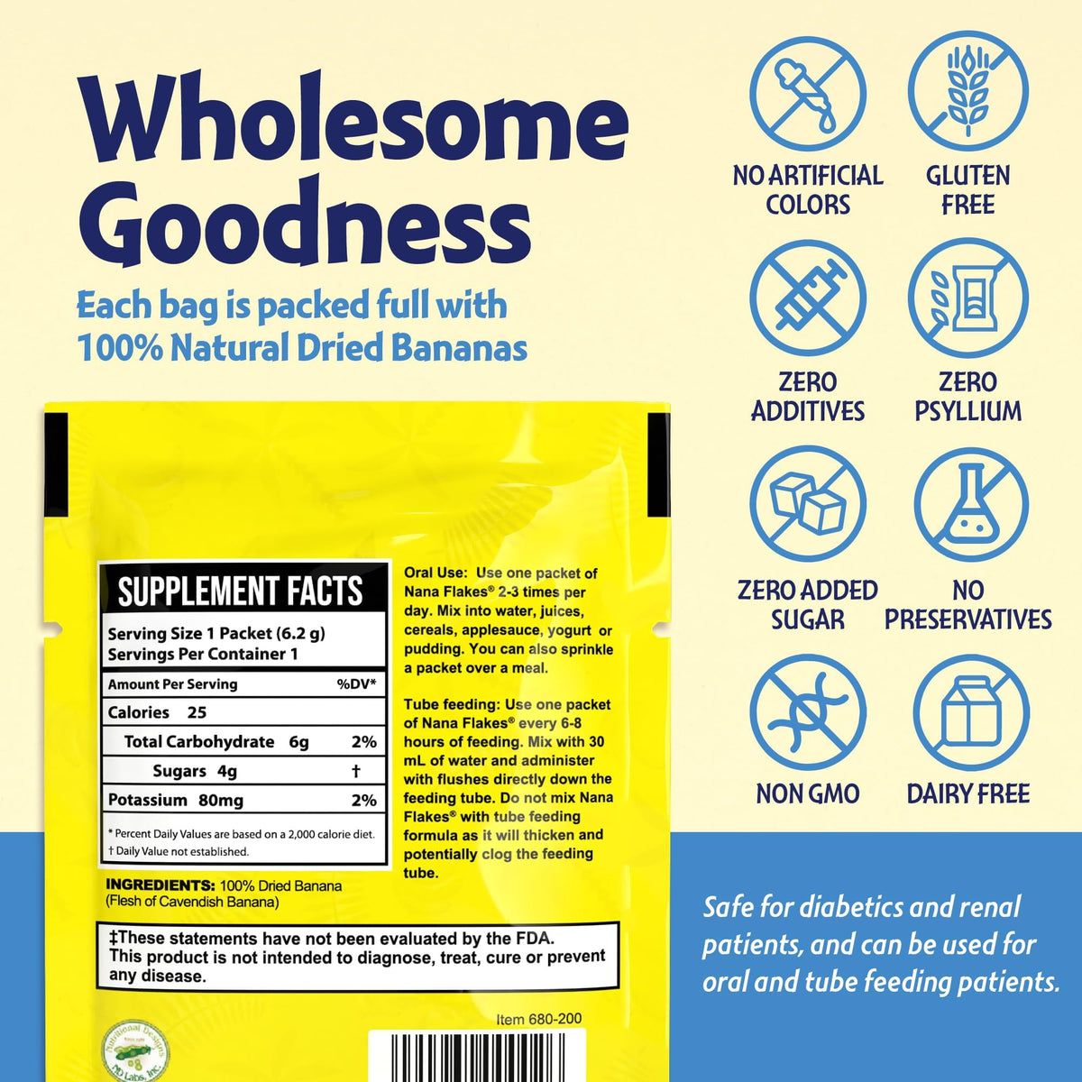 Nana Flakes 100% Pure Banana Flakes Medical Food Powder - Decrease Fat Intake & Natural Remedy for Diarrhea & Heart Burn - Great Source of Protein& Fiber (100 Single-Serve Packs)
