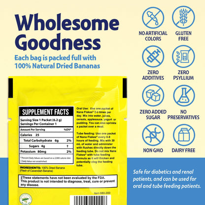 Nana Flakes 100% Pure Banana Flakes Medical Food Powder - Decrease Fat Intake & Natural Remedy for Diarrhea & Heart Burn - Great Source of Protein& Fiber (100 Single-Serve Packs)