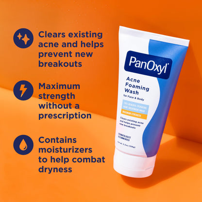 PanOxyl 10% Benzoyl Peroxide Acne Foaming Wash, Maximum Strength, Daily Acne-Fighting Face and Body Cleanser, Face Wash to Clear - 5.5 Oz