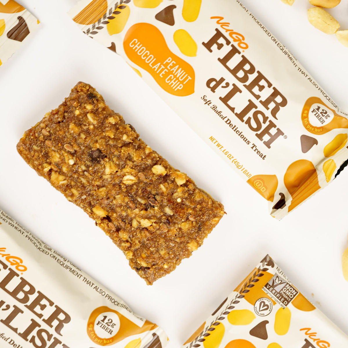 NuGo Fiber d'Lish Peanut Chocolate Chip, 12g High Fiber, Vegan, 160 Calories, 16 Count