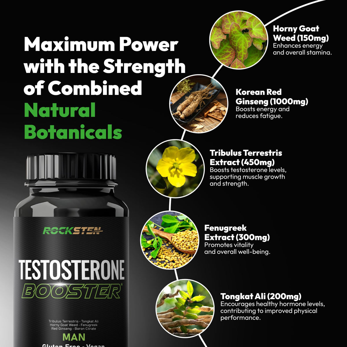 RockSten Testosterone Booster for Men - Tribulus, Tongkat Ali & Fenugreek - Stamina, Energy & Muscle Growth Support Supplement