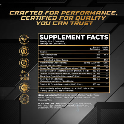 Testosterone Booster Gummies for Men - Energy, Stamina, Libido & Muscle Support Chews - RockSten Performance Supplement