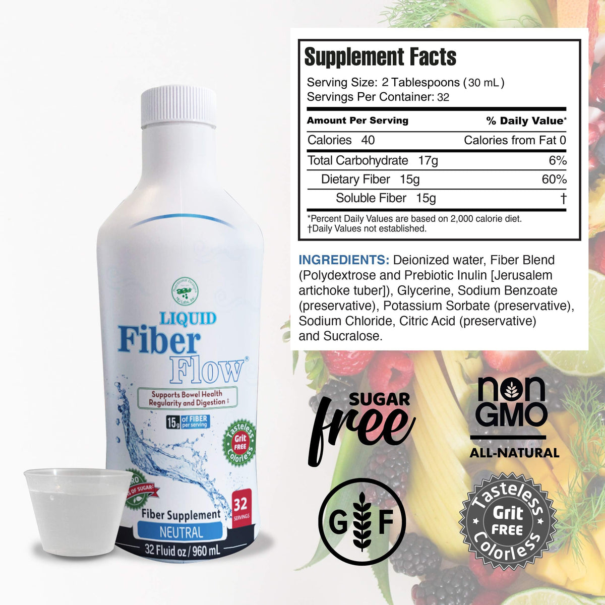 Nutritional Designs Liquid Fiber Supplement, Sugar-Free Prebiotic Inulin Fiber, Fiber Drink Mix, Natural Bowel Regularity Drink for Healthy Intestinal Balance (32 oz Bottle, Neutral)