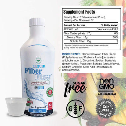Nutritional Designs Liquid Fiber Supplement, Sugar-Free Prebiotic Inulin Fiber, Fiber Drink Mix, Natural Bowel Regularity Drink for Healthy Intestinal Balance (32 oz Bottle, Neutral)