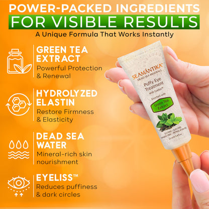 SEAMANTIKA Puffy Eye Treatment (0.8 fl.oz) - Instant Eye Lift for Dark Circles, Bags & Wrinkles with Green Tea & Dead Sea Minerals