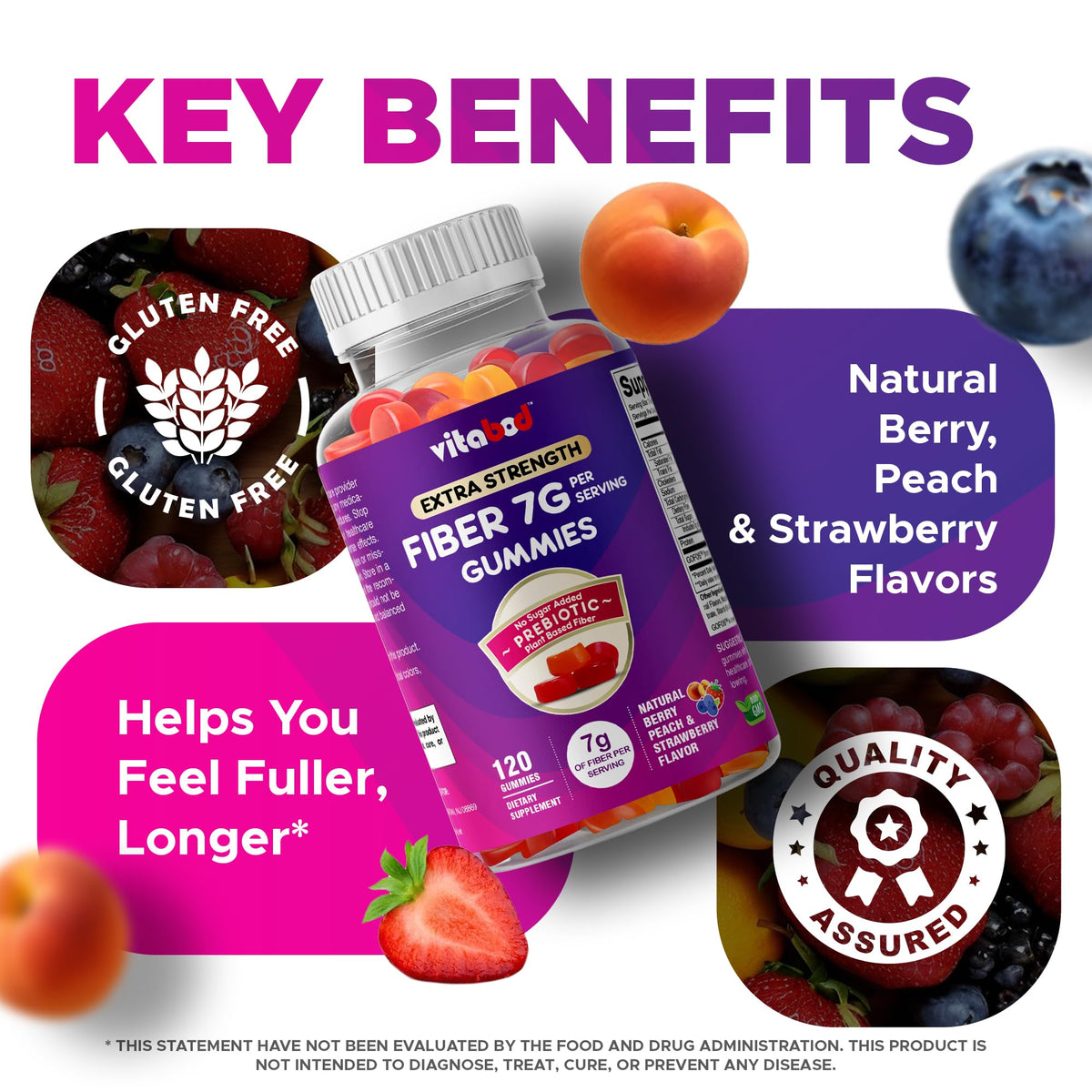 Vitabod Fiber Gummies 7G Per Serving for Digestive Health & Regularity, Prebiotic GOFOS Plant-Based Fiber, No Sugar Added, Vegan, Berry Peach Strawberry, 120 Gummies (Adults, Women & Men)