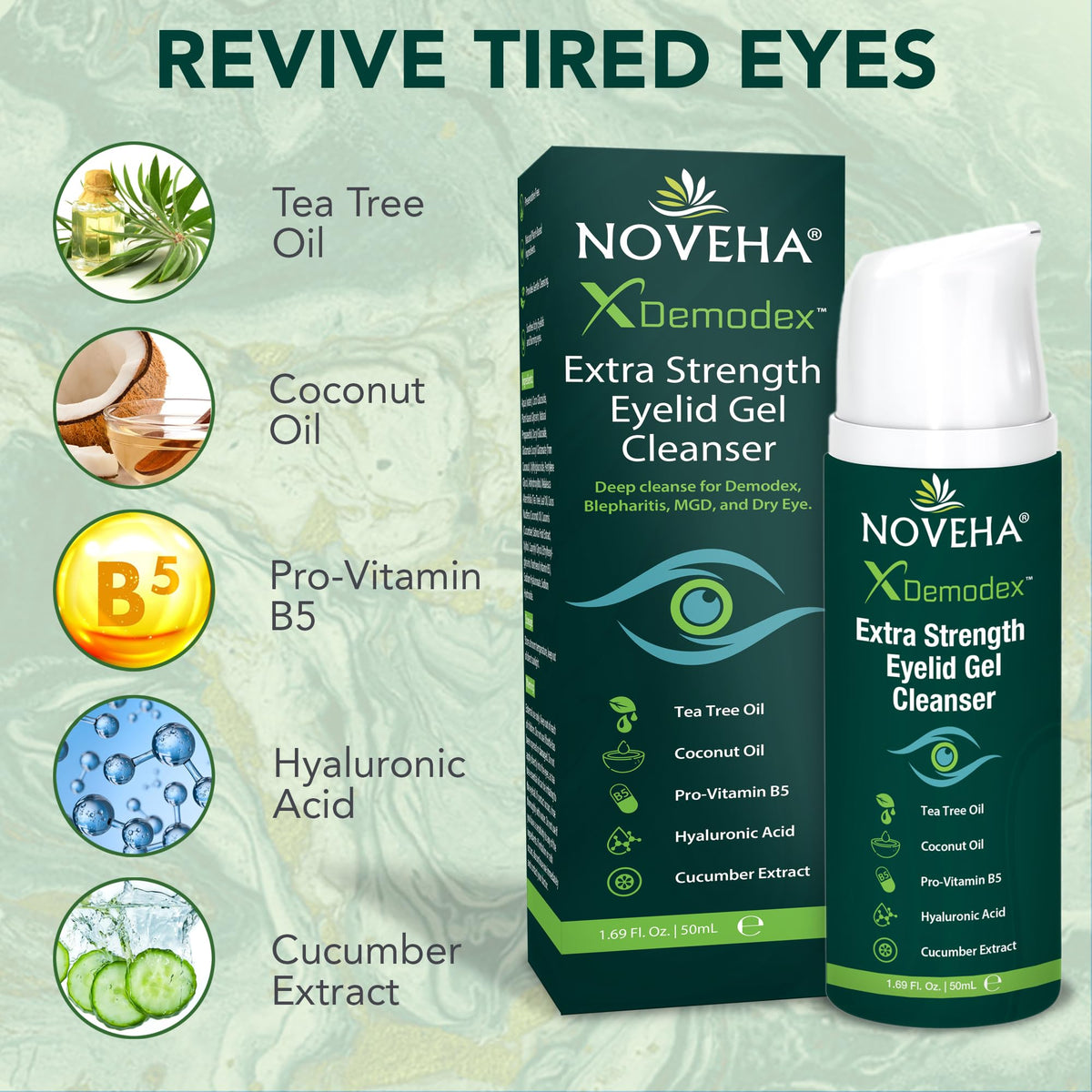 NOVEHA Demodex Extra Strength Eyelid Gel Cleanser - Tea Tree Oil Eyelid Cleanser for Dry Eye, MGD & Itchy Eyelids (2 Pack, 50ml)