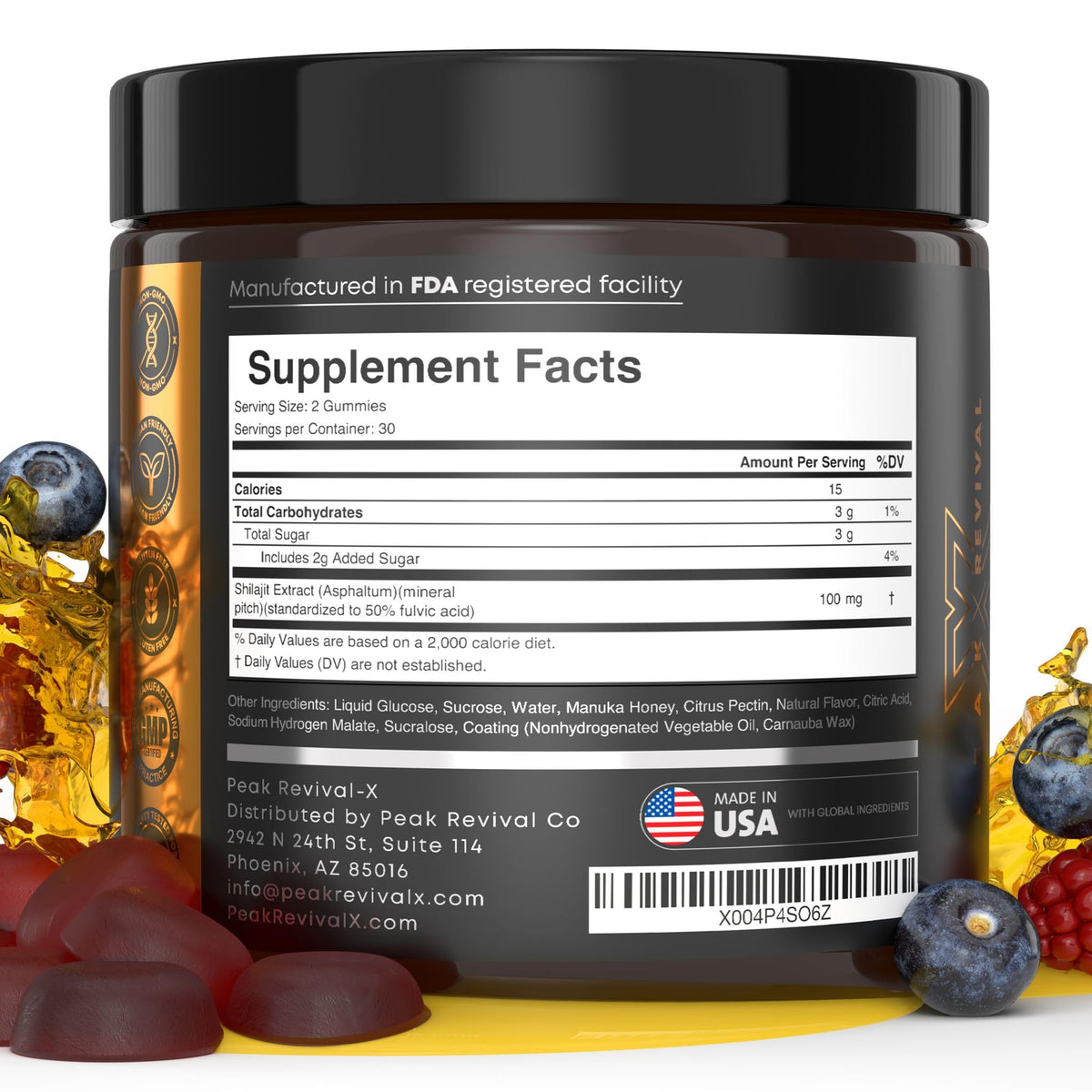 Shilajit Gummies with Manuka Honey - Energy, Endurance & Recovery Support Supplement - Peak Revival (Mixed Berry, 60 Gummies)