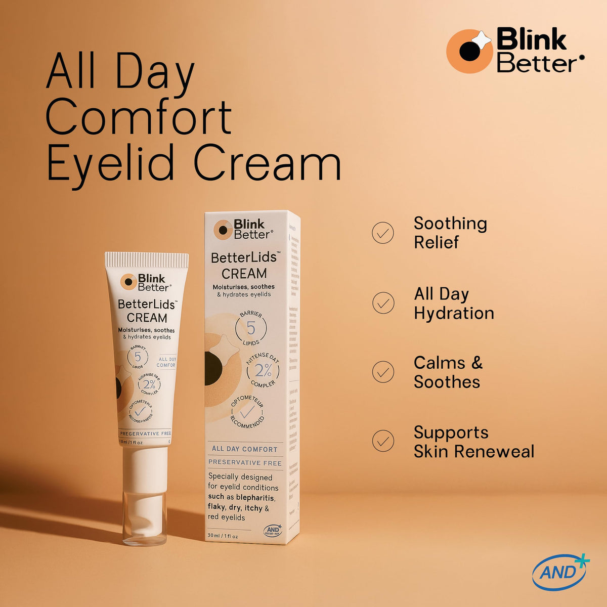 BlinkBetter BetterLids Restore Eyelid Cream - Hydrating Barrier Support for Dry, Red & Sensitive Eyelids - 3% Oat & Ceramides (1 fl oz.)
