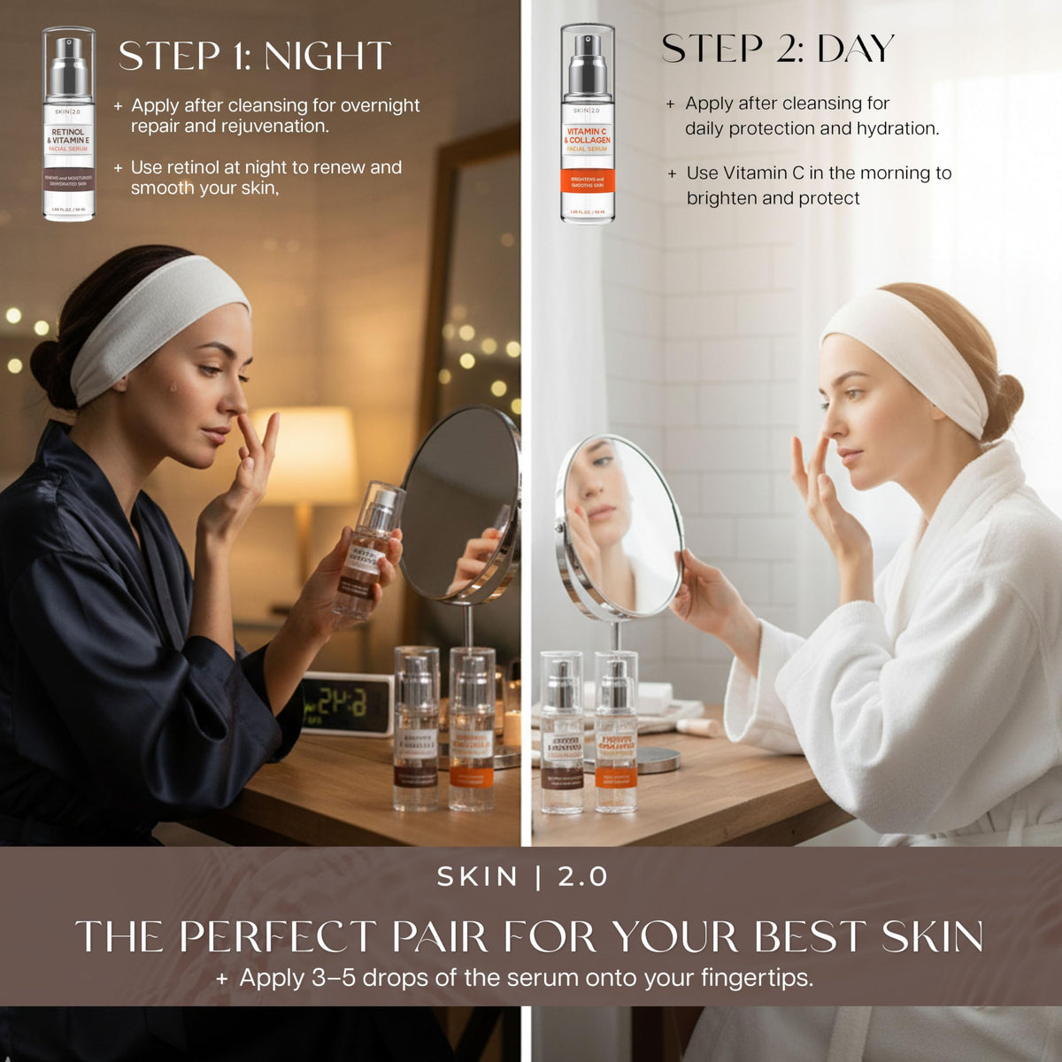 Skin 2.0 Retinol & Vitamin E + Collagen & Vitamin C Serum For Face - Dermatologist Tested, Anti Aging, Korean Skin Care - Smooths Lines, Firms, Hydrates, Revitalizes - Vegan, Clean Beauty - Pack of 2