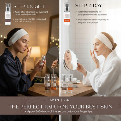 Skin 2.0 Retinol & Vitamin E + Collagen & Vitamin C Serum For Face - Dermatologist Tested, Anti Aging, Korean Skin Care - Smooths Lines, Firms, Hydrates, Revitalizes - Vegan, Clean Beauty - Pack of 2