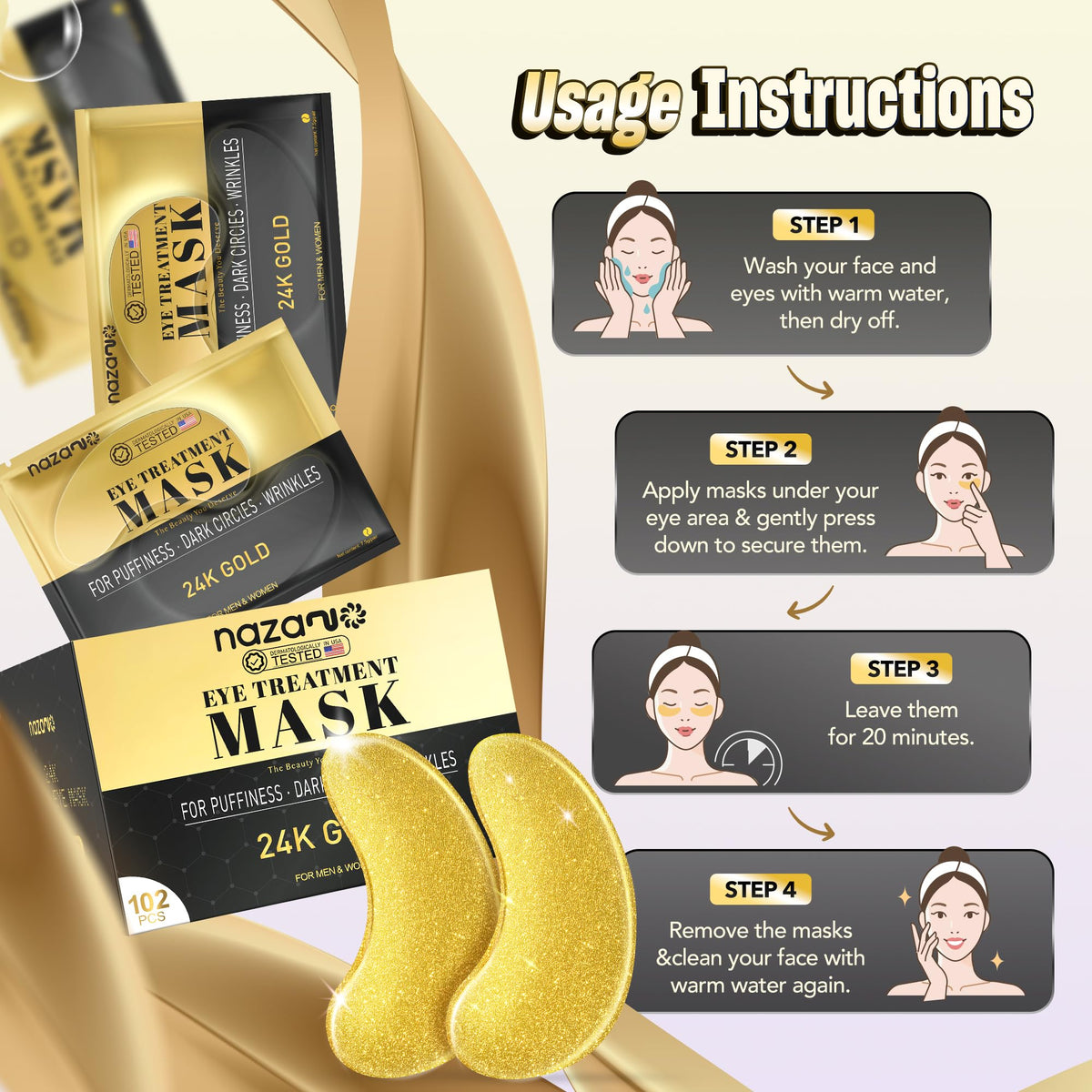 NAZANO 24K Gold Under Eye Patches 102 Pcs for Dark Circles & Puffiness
