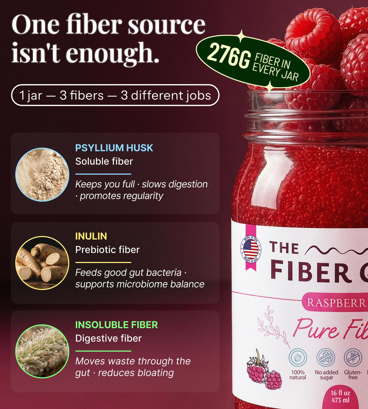 The Fiber Gel High Dietary Fiber Prebiotic Gel Formula - 100% Natural & Clean Label - Plant-Based Psyllium Husk & Inulin Complex - Keto Friendly, Vegan, No Added Sugar - Raspberry, 16 oz
