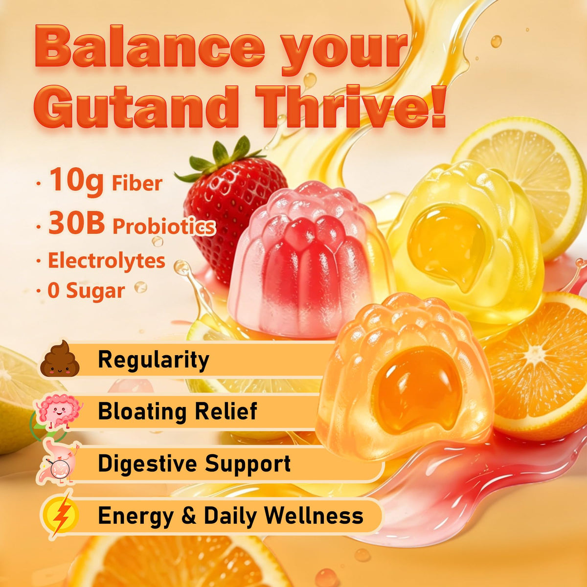 CleverasHealth 10G Fiber Gummies for Adults with 30 Billion CFU Probiotics,Vitamins C, D, B12,Electrolytes - Supports Digestive Health & Relieves Constipation and Bloating,Sugar Free - 120 Count