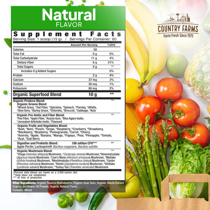 Country Farms Super Greens Natural Flavor, 50 Organic Super Foods, USDA Organic Drink Mix, Fruits, Vegetables, Super Greens, with Fiber, Mushrooms & Probiotics, Supports Energy, 60 Servings, 900g
