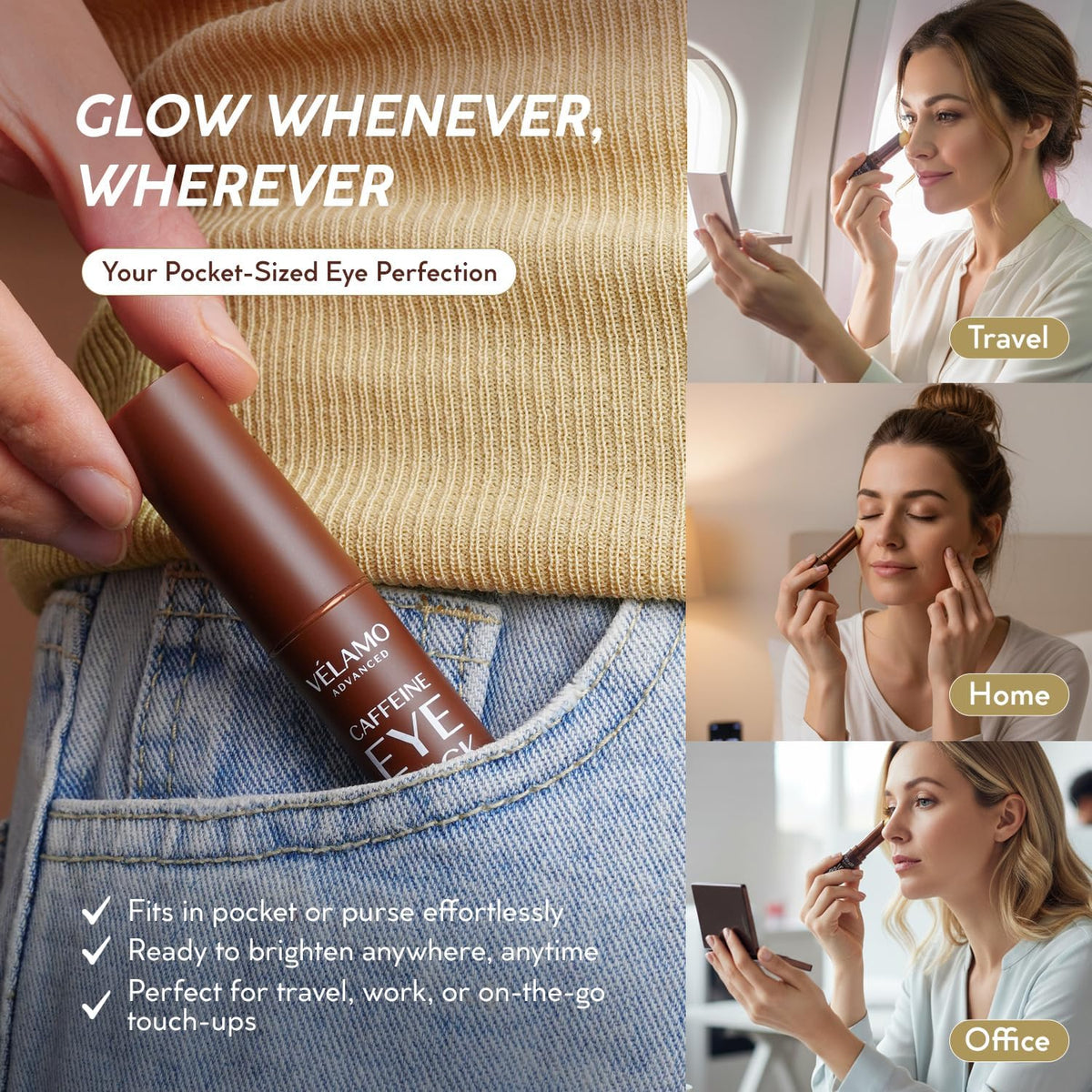 VELAMO Advanced Caffeine Eye Stick - Energizing & Hydrating Under Eye Balm for Dark Circles & Puffiness - Portable Travel Eye Treatment (0.1 oz / 3g)
